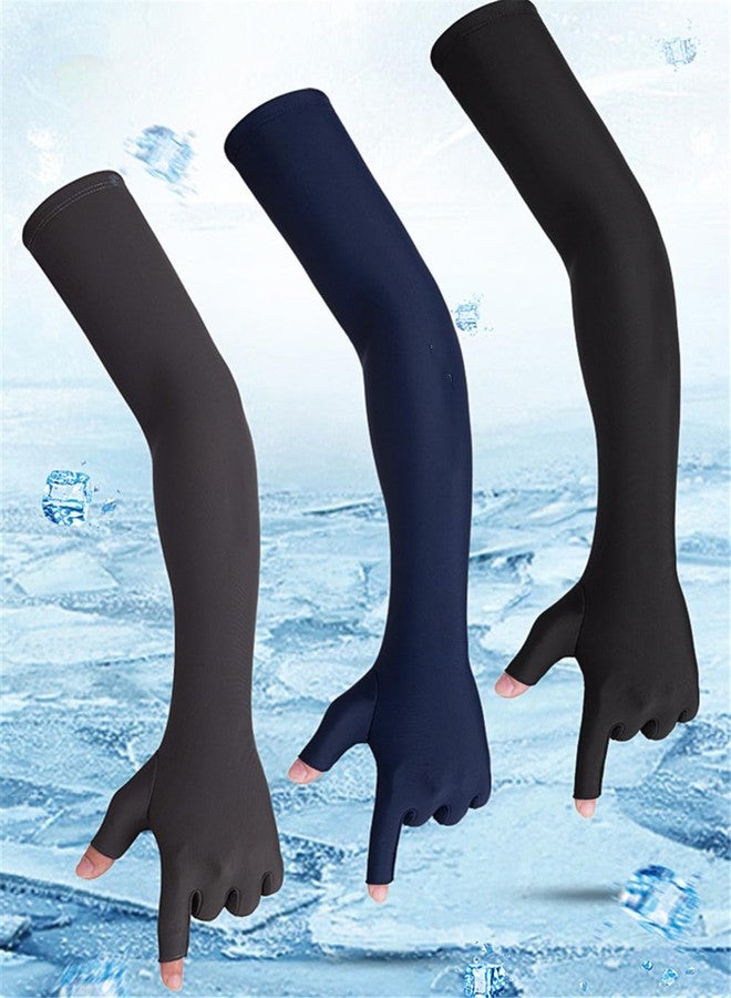 Inf-way UV Protection Armsleeves with 2 Cut Fingers Sun Gloves Men Anti-slip Fishing Driving Cycling Sports Cooling Long Sleeves (Black) - Image 2
